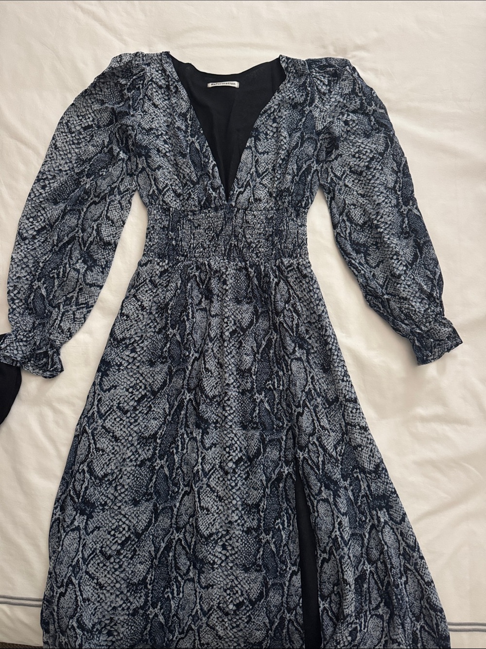 Reformation Blue Snake-Print V-Neck Midi Dress